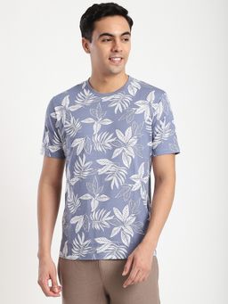 R&B - Cotton Regular Fit Crew Neck Tropical Print Men Blue T-Shirt