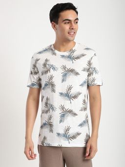 R&B - Cotton Regular Fit Crew Neck Tropical Print Men White T-Shirt