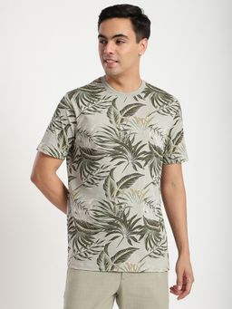 R&B - Cotton Regular Fit Crew Neck Tropical Print Men Green T-Shirt