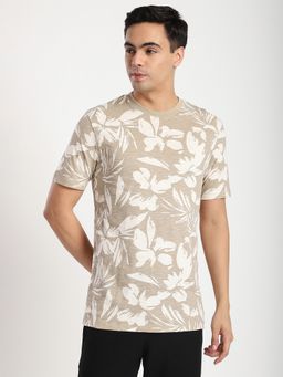 R&B - Cotton Regular Fit Crew Neck Floral Print Men Beige T-Shirt