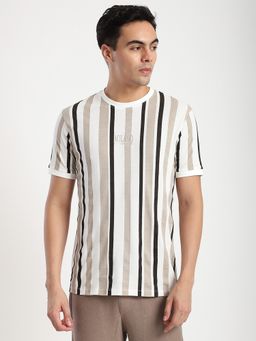 R&B - Cotton Slim Fit Crew Neck Striped Men White T-Shirt