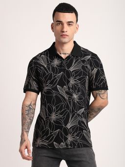 R&B - Cotton Regular Fit Collar Neck Graphic Print Men Black Polo T-Shirt