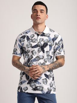 R&B - Cotton Regular Fit Collar Neck Floral Print Men White Polo T-Shirt