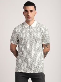 R&B - Cotton Regular Fit Collar Neck Graphic Print Men White Polo T-Shirt