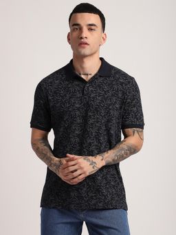R&B - Cotton Regular Fit Collar Neck Graphic Print Men Navy Blue Polo T-Shirt