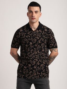 R&B - Cotton Regular Fit Collar Neck Graphic Print Men Black Polo T-Shirt