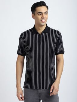 R&B - Cotton Blend Regular Fit Collar Neck Striped Men Black Polo T-Shirt