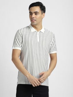 R&B - Cotton Blend Regular Fit Collar Neck Striped Men Ivory Polo T-Shirt