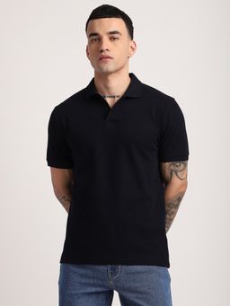 R&B - Cotton Slim Fit Collar Neck Solid Men Navy Blue Polo T-Shirt