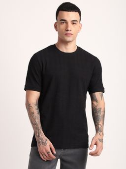 R&B - Cotton Blend Regular Fit Crew Neck Textured Men Black T-Shirt