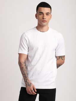R&B - Cotton Blend Regular Fit Crew Neck Textured Men Ivory T-Shirt