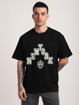R&B - Cotton Oversized Fit Crew Neck Graphic Print Men Black T-Shirt