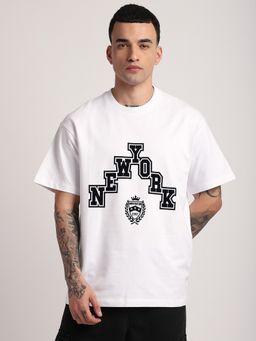 R&B - Cotton Oversized Fit Crew Neck Graphic Print Men White T-Shirt