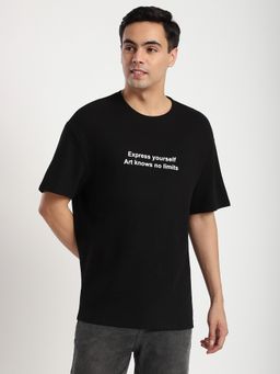 R&B - Cotton Oversized Crew Neck Graphic Print Men Black T-Shirt