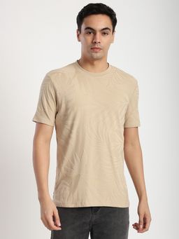 R&B - Cotton Regular Fit Crew Neck Textured Men Beige T-Shirt