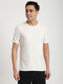 R&B - Cotton Regular Fit Crew Neck Textured Men Cream T-Shirt