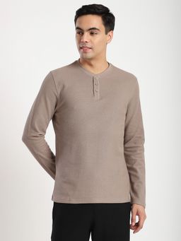 R&B - Cotton Regular Fit Henley Neck Long Sleeve Men Beige T-Shirt