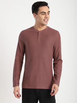 R&B - Cotton Regular Fit Henley Neck Long Sleeve Men Mauve T-Shirt