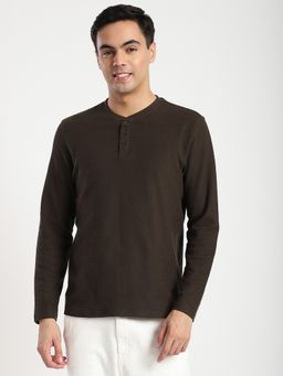 R&B - Cotton Regular Fit Henley Neck Long Sleeve Men Brown T-Shirt