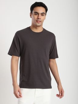 R&B - Cotton Regular Fit Crew Neck Textured Men Grey T-Shirt