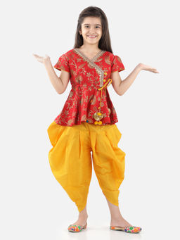 BownBee - Jacquard Half Sleeve Peplum with Silk Dhoti- Red (Set of 2)
