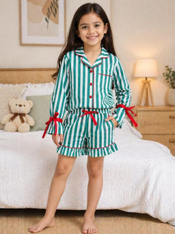 Fairies Forever - Green Stripes Mom Twinning Cotton Night Shirt With Shorts