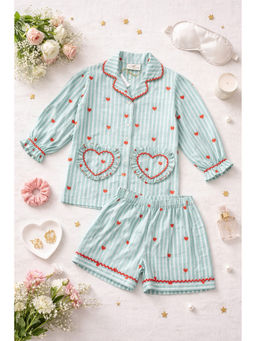 Fairies Forever - Green Stripes Heart Print Heart Pocket Night Shirt With Shorts