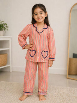 Fairies Forever - Peach Stripes Full Sleeves Mom Twinning Cotton Nigh Shirt With Pyjama
