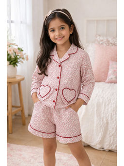 Fairies Forever - Red Heart Print Cotton Night Shirt With Shorts