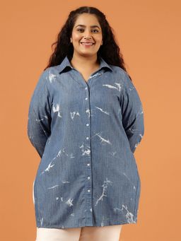Amydus - Plus Size Denim Cotton Marble Wash Blue Shirt