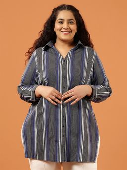 Amydus - Plus Size Grey and Blue Striped Cotton High Slit Longline Shirt