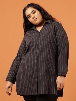Amydus - Plus Size Black Pinstripe Cotton High Slit Longline Brown Shirt