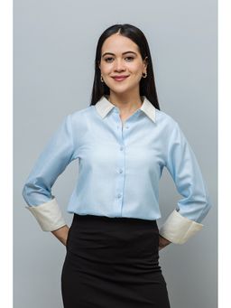 PURYS - Contrast Collar Formal Linen Blue Shirt