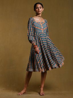 Ritu Kumar - Teal Geometric Print Dress