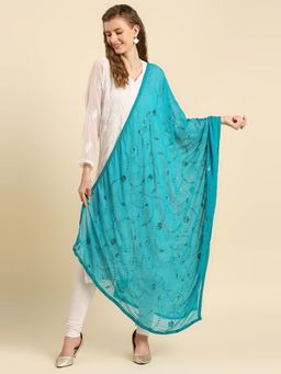 Dupatta Bazaar - Womens Floral Embroidered Turquoise Chiffon Dupatta with Sequin Work