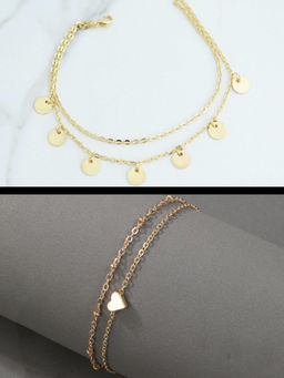 OOMPH - Combo of 2 Gold Tone Multi Layer Heart Fashion Anklet For Women & Girls