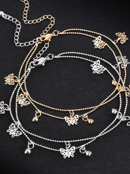 OOMPH - Combo of 2 Gold & Silver Tone Butterfly Charm Fashion Anklets For Women & Girls