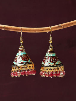 OOMPH - Turquoise Blue Ferozi & Red Meenakari Jhumki Earrings - Cone Shape -