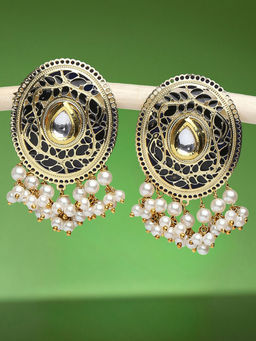 OOMPH - Black Meenakari Stud Earrings - Kundan & Pearls Studded in Oval Shape