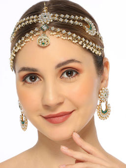 OOMPH - Gold Tone Kundan Borla Sheeshphool Set Matha Patti with Drop Earrings