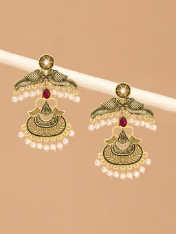 OOMPH - Antique Gold Tone Maroon Stones with Beads Ethnic Drop Earrings