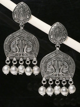 OOMPH - Oxidised Silver Peacock Design Ethnic Drop Earrings For Women & Girls