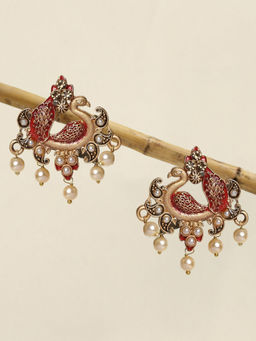 OOMPH - Red Meenakari Enamel Kundan Peacock Shape Large Stud Earrings For Women & Girls