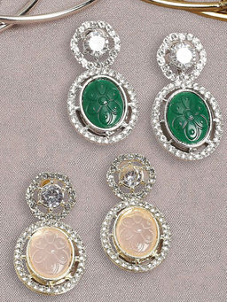 OOMPH - Combo of 2 Green & Peach Engraved Jaipur Stone & AD Indo Drop Earrings