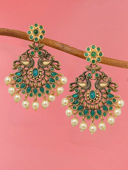 OOMPH - Green Kemp Stone & Pearls Peacock Design Chandbali Earrings For Women & Girls