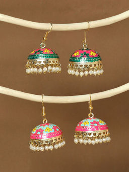 OOMPH - Combo of 2 Green & Pink Floral Meenakari Ethnic Jhumka Earrings