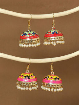 OOMPH - Combo of 2 Yellow & Mint Green Floral Meenakari Ethnic Jhumka Earrings