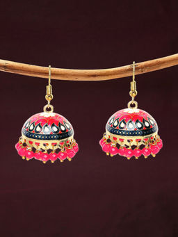 OOMPH - Rani Pink Meenakari Jhumka Earrings - Floral Design with Beads For Women & Girls