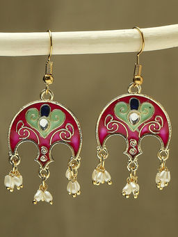 OOMPH - Rani Pink Meenakari Small Ethnic Drop Earrings with Pearls For Women & Girls