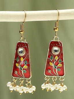 OOMPH - Red Maroon Meenakari Small Ethnic Drop Earrings with Kundan For Women & Girls